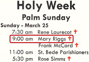 Mary's name in bulletin after memorial Mass
